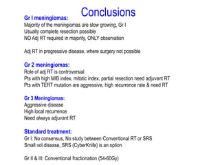 ConclusionsGr I meningiomas:
Majority of the meningiomas are slow growing, Gr I
Usually complete resection possible
NO Adj RT required in majority, ONLY observation
Adj RT in progressive disease, where surgery not possible
Gr 2 meningiomas:
Role of adj RT is controversial
Pts with high MIB index, mitotic index, partial resection need adjuvant RT
Pts with TERT mutation are aggressive, high recurrence rate & need RT
Gr 3 Meningiomas:
Aggressive disease
High local recurrence
Need always adjuvant RT
Standard treatment:
Gr I: No consensus, No study between Conventional RT or SRS
Small vol disease, SRS (CyberKnife) is an option
Gr II & III: Conventional fractionation (54-60Gy)
 