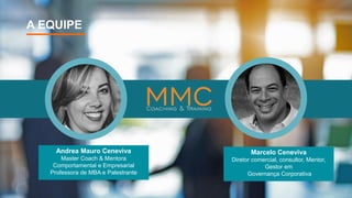 A EQUIPE
Andrea Mauro Ceneviva
Master Coach & Mentora
Comportamental e Empresarial
Professora de MBA e Palestrante
Marcelo...