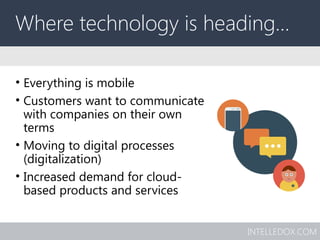 INTELLEDOX.COM
Where technology is heading…
• Everything is mobile
• Customers want to communicate
with companies on their own
terms
• Moving to digital processes
(digitalization)
• Increased demand for cloud-
based products and services
 
