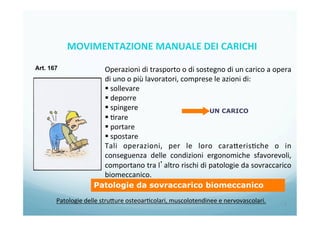 Patologie	
  delle	
  stru/ure	
  osteoar0colari,	
  muscolotendinee	
  e	
  nervovascolari.	
  	
  
Operazioni	
  di	
  trasporto	
  o	
  di	
  sostegno	
  di	
  un	
  carico	
  a	
  opera	
  
di	
  uno	
  o	
  più	
  lavoratori,	
  comprese	
  le	
  azioni	
  di:	
  
§ 	
  sollevare	
  
§ 	
  deporre	
  
§ 	
  spingere	
  
§ 	
  0rare	
  
§ 	
  portare	
  
§ 	
  spostare	
  
Tali	
   operazioni,	
   per	
   le	
   loro	
   cara/eris0che	
   o	
   in	
  
conseguenza	
   delle	
   condizioni	
   ergonomiche	
   sfavorevoli,	
  
comportano	
  tra	
  l’altro	
  rischi	
  di	
  patologie	
  da	
  sovraccarico	
  
biomeccanico.	
  
UN CARICO
Patologie da sovraccarico biomeccanico
Art. 167
MOVIMENTAZIONE	
  MANUALE	
  DEI	
  CARICHI	
  
2	
  
 
