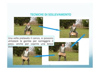 21
Una volta prelevato il carico, si possono
utilizzare le gambe per sorreggere il
peso, anche per coprire una breve
distanza.
TECNICHE	
  DI	
  SOLLEVAMENTO	
  
	
  
 