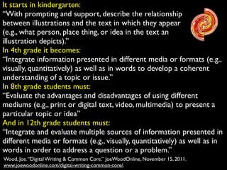 It starts in kindergarten:	

“With prompting and support, describe the relationship	

between illustrations and the text in which they appear	

(e.g., what person, place thing, or idea in the text an	

illustration depicts).”	

In 4th grade it becomes:	

“Integrate information presented in different media or formats (e.g.,
visually, quantitatively) as well as in words to develop a coherent
understanding of a topic or issue.”	

In 8th grade students must:	

“Evaluate the advantages and disadvantages of using different
mediums (e.g., print or digital text, video, multimedia) to present a
particular topic or idea”	

And in 12th grade students must:	

“Integrate and evaluate multiple sources of information presented in
different media or formats (e.g., visually, quantitatively) as well as in
words in order to address a question or a problem.”
Wood, Joe.“Digital Writing & Common Core.” JoeWoodOnline, November 15, 2011.
www.joewoodonline.com/digital-writing-common-core/.
 