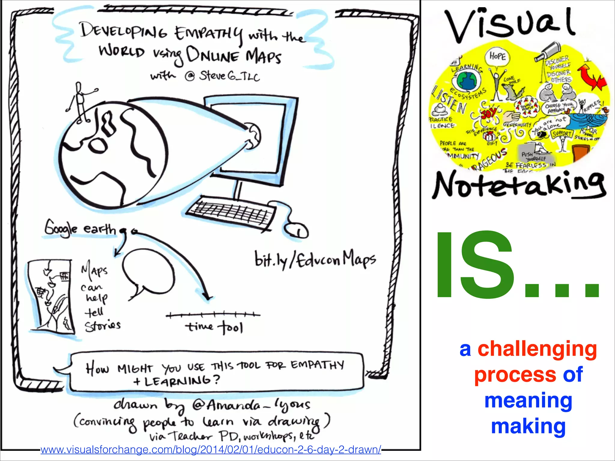 IS…
a challenging!
process of!
meaning!
making
www.visualsforchange.com/blog/2014/02/01/educon-2-6-day-2-drawn/

 
