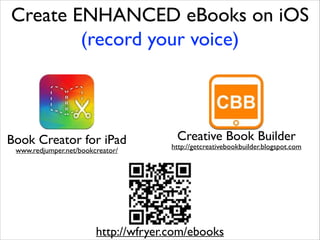 Create ENHANCED eBooks on iOS
(record your voice)

Book Creator for iPad
www.redjumper.net/bookcreator/

Creative Book Builder

http://getcreativebookbuilder.blogspot.com

http://wfryer.com/ebooks

 