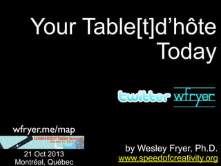 Your Table[t]d’hôte
Today

wfryer.me/map
21 Oct 2013
Montréal, Québec

by Wesley Fryer, Ph.D.
www.speedofcreativity.org

 