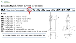 Ecuación NIOSH (versión europea: EN 1005-2:2003)
MLR (Masa Límite Recomendada) = 25 x VM x DM x HM x AM x CM x FM x OM x PM (kg)
Donde:
VM : multiplicador de distancia vertical
DM : multiplicador de desplazamiento vertical
HM : multiplicador de distancia horizontal
AM : multiplicador de asimetría
CM : multiplicador de agarre
FM : multiplicador de frecuencia
OM : multiplicador de manipulación con una mano
PM : multiplicador de operaciones que requieren mas de una persona
 