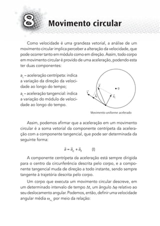 Como velocidade é uma grandeza vetorial, a análise de um
movimento circular implica perceber a alteração da velocidade, que
pode ocorrer tanto em módulo como em direção. Assim, todo corpo
em movimento circular é provido de uma aceleração, podendo esta
ter duas componentes:
ac
– aceleração centrípeta: indica
a variação da direção da veloci-
dade ao longo do tempo;
at
– aceleração tangencial: indica
a variação do módulo de veloci-
dade ao longo do tempo.
Assim, podemos aﬁrmar que a aceleração em um movimento
circular é a soma vetorial da componente centrípeta da acelera-
ção com a componente tangencial, que pode ser determinada da
seguinte forma:
  
a a ac t (I)
A componente centrípeta da aceleração está sempre dirigida
para o centro da circunferência descrita pelo corpo, e a compo-
nente tangencial muda de direção a todo instante, sendo sempre
tangente à trajetória descrita pelo corpo.
Um corpo que executa um movimento circular descreve, em
um determinado intervalo de tempo t, um ângulo relativo ao
seu deslocamento angular. Podemos, então, deﬁnir uma velocidade
angular média m,
por meio da relação:
Movimento circular8
0
Movimento uniforme acelerado
→
a
→
ac
→
at
→
v
MC de Fisica_prova4.indd 104 29/03/2012 16:36:13
 