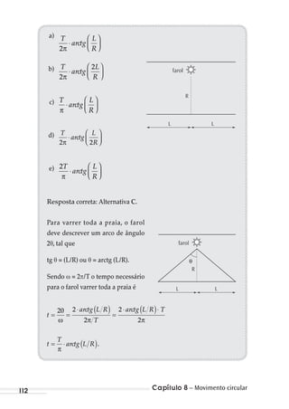 Capítulo 8 – Movimento circular112
a) T
arctg
L
R2π
⋅




b) T
arctg
L
R2
2
π
⋅




c) T
arctg
L
Rπ
⋅




d) T
arctg
L
R2 2π
⋅




e) 2T
arctg
L
Rπ
⋅




Resposta correta: Alternativa C.
Para varrer toda a praia, o farol
deve descrever um arco de ângulo
2θ, tal que
tg θ = (L/R) ou θ = arctg (L/R).
Sendo = 2 /T o tempo necessário
para o farol varrer toda a praia é
t
arctg L R
T
arctg L R T
= =
⋅ ( ) =
⋅ ( )⋅20 2
2
2
2ω π π
t
T
arctg L R= ⋅ ( )π
.
R
L L
farol
farol
L L
R
θ
MC de Fisica_prova4.indd 112 29/03/2012 16:36:19
 
