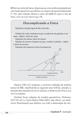 Capítulo 9 – Gravitação114
800 km ao norte de Siena, observava-se uma sombra projetada por
uma haste (gnômon) que deﬁnia um ângulo de aproximadamente
7º. Por esse método obteve o valor de 6400 km para o raio da
Terra, com um erro menor que 1%.
Descomplicando a Física
Equinócio: duração igual do dia e da noite.
Solstício de verão: instante em que a sombra de um gnômon é mí-
nima – define o início do verão.
Equinócio de outono: início do outono.
Solstício de inverno: instante em que a sombra é máxima – define
o início do inverno.
Equinócio de primavera: início da primavera.
Haste23º 23º
Solo
Sombra máxima
Sombra mínima
Hiparco (150 a.C.) preparou o primeiro catálogo de estrelas
(cerca de 800, classiﬁcando-as segundo seus brilhos), estudou a
duração das estações do ano e calculou a distância da Terra à Lua
com os eclipses.
Também foram adeptos do modelo geocêntrico, Ptolomeu
(127-151 d.C.) e Tycho Brahe (1546-1601), este último, um astrô-
nomo dinamarquês que dedicou sua vida à observação do céu.
MC de Fisica_prova4.indd 114 29/03/2012 16:36:20
 