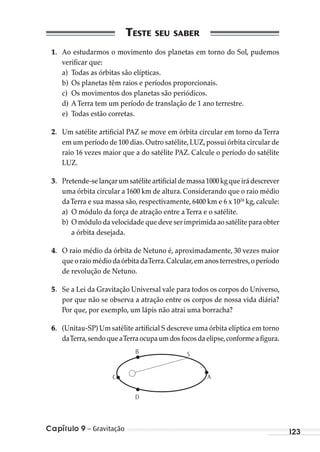 Capítulo 9 – Gravitação 123
1. Ao estudarmos o movimento dos planetas em torno do Sol, pudemos
verificar que:
a) Todas as órbitas são elípticas.
b) Os planetas têm raios e períodos proporcionais.
c) Os movimentos dos planetas são periódicos.
d) ATerra tem um período de translação de 1 ano terrestre.
e) Todas estão corretas.
2. Um satélite artificial PAZ se move em órbita circular em torno da Terra
em um período de 100 dias.Outro satélite,LUZ,possui órbita circular de
raio 16 vezes maior que a do satélite PAZ. Calcule o período do satélite
LUZ.
3. Pretende-selançarumsatéliteartificialdemassa1000kgqueirádescrever
uma órbita circular a 1600 km de altura. Considerando que o raio médio
daTerra e sua massa são, respectivamente, 6400 km e 6 x 1024
kg, calcule:
a) O módulo da força de atração entre aTerra e o satélite.
b) O módulo da velocidade que deve ser imprimida ao satélite para obter
a órbita desejada.
4. O raio médio da órbita de Netuno é, aproximadamente, 30 vezes maior
queoraiomédiodaórbitadaTerra.Calcular,emanosterrestres,operíodo
de revolução de Netuno.
5. Se a Lei da Gravitação Universal vale para todos os corpos do Universo,
por que não se observa a atração entre os corpos de nossa vida diária?
Por que, por exemplo, um lápis não atrai uma borracha?
6. (Unitau-SP) Um satélite artificial S descreve uma órbita elíptica em torno
daTerra,sendoqueaTerraocupaumdosfocosdaelipse,conformeafigura.
B
D
S
C A
MC de Fisica_prova4.indd 123 29/03/2012 16:36:23
 