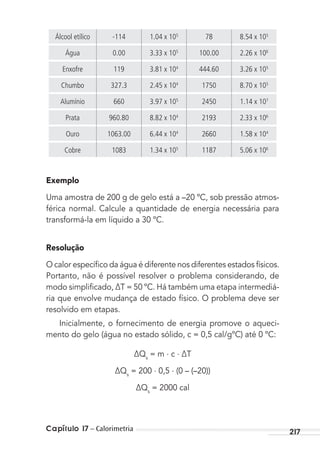 Capítulo 17 – Calorimetria 217
Álcool etílico -114 1.04 x 105
78 8.54 x 105
Água 0.00 3.33 x 105
100.00 2.26 x 106
Enxofre 119 3.81 x 104
444.60 3.26 x 105
Chumbo 327.3 2.45 x 104
1750 8.70 x 105
Alumínio 660 3.97 x 105
2450 1.14 x 107
Prata 960.80 8.82 x 104
2193 2.33 x 106
Ouro 1063.00 6.44 x 104
2660 1.58 x 104
Cobre 1083 1.34 x 105
1187 5.06 x 106
Exemplo
Uma amostra de 200 g de gelo está a –20 ºC, sob pressão atmos-
férica normal. Calcule a quantidade de energia necessária para
transformá-la em líquido a 30 ºC.
Resolução
O calor especíﬁco da água é diferente nos diferentes estados físicos.
Portanto, não é possível resolver o problema considerando, de
modo simpliﬁcado, ∆T = 50 ºC. Há também uma etapa intermediá-
ria que envolve mudança de estado físico. O problema deve ser
resolvido em etapas.
Inicialmente, o fornecimento de energia promove o aqueci-
mento do gelo (água no estado sólido, c = 0,5 cal/gºC) até 0 ºC:
∆Qs
= m . c . ∆T
∆Qs
= 200 . 0,5 . (0 – (–20))
∆Qs
= 2000 cal
MC de Fisica_prova4.indd 217 29/03/2012 16:37:00
 