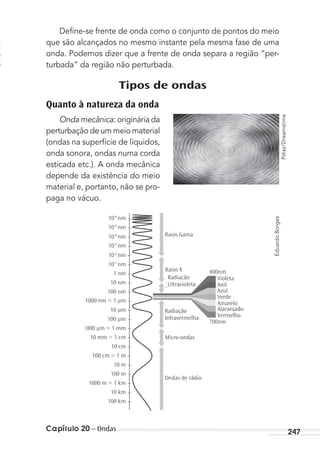 Capítulo 20 – Ondas 247
Deﬁne-se frente de onda como o conjunto de pontos do meio
que são alcançados no mesmo instante pela mesma fase de uma
onda. Podemos dizer que a frente de onda separa a região “per-
turbada” da região não perturbada.
Tipos de ondas
Quanto à natureza da onda
Onda mecânica: originária da
perturbação de um meio material
(ondas na superfície de líquidos,
onda sonora, ondas numa corda
esticada etc.). A onda mecânica
depende da existência do meio
material e, portanto, não se pro-
paga no vácuo.
Violeta
Anil
Azul
Verde
Amarelo
Alaranjado
Vermelho
400nm
700nm
Raios Gama
Raios X
Radiação
Ultravioleta
Radiação
Infravermelha
Micro-ondas
Ondas de rádio
1 nm
10 nm
10-6
nm
10-5
nm
10-4
nm
10-3
nm
10-2
nm
10-1
nm
100 nm
1000 nm = 1 µm
10 µm
100 µm
1000 µm = 1 mm
10 mm = 1 cm
10 cm
100 cm = 1 m
10 m
100 m
1000 m = 1 km
10 km
100 km
Pdiaz/Dreamstime
EduardoBorges
MC de Fisica_prova4.indd 247 29/03/2012 16:37:15
 