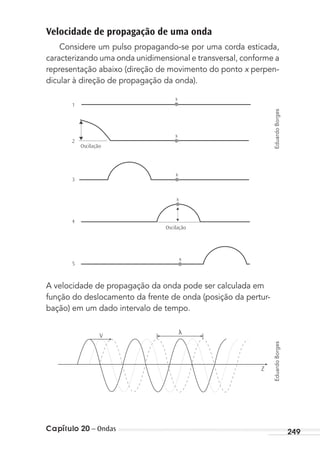 Capítulo 20 – Ondas 249
Velocidade de propagação de uma onda
Considere um pulso propagando-se por uma corda esticada,
caracterizando uma onda unidimensional e transversal, conforme a
representação abaixo (direção de movimento do ponto x perpen-
dicular à direção de propagação da onda).
x
x
x
x
x
1
2
3
4
5
Oscilação
Oscilação
A velocidade de propagação da onda pode ser calculada em
função do deslocamento da frente de onda (posição da pertur-
bação) em um dado intervalo de tempo.
Z
V
λ
EduardoBorgesEduardoBorges
MC de Fisica_prova4.indd 249 29/03/2012 16:37:18
 