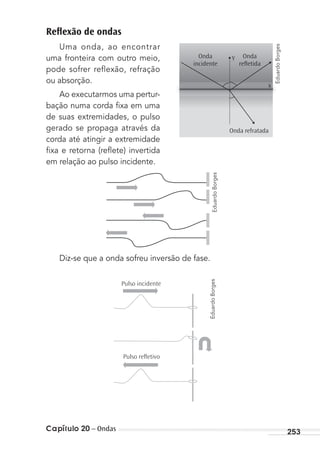 Capítulo 20 – Ondas 253
Reﬂexão de ondas
Uma onda, ao encontrar
uma fronteira com outro meio,
pode sofrer reflexão, refração
ou absorção.
Ao executarmos uma pertur-
bação numa corda ﬁxa em uma
de suas extremidades, o pulso
gerado se propaga através da
corda até atingir a extremidade
ﬁxa e retorna (reﬂete) invertida
em relação ao pulso incidente.
Diz-se que a onda sofreu inversão de fase.
Pulso incidente
Pulso reﬂetivo
Onda
incidente
Onda
reﬂetida
Y
x
Onda refratada
EduardoBorges
EduardoBorgesEduardoBorges
MC de Fisica_prova4.indd 253 29/03/2012 16:37:21
 