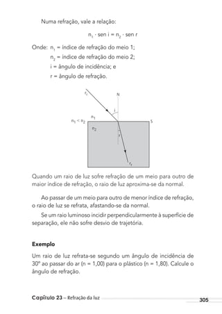 Capítulo 23 – Refração da luz 305
Numa refração, vale a relação:
n1
. sen i = n2
. sen r
Onde: n1
= índice de refração do meio 1;
n2
= índice de refração do meio 2;
i = ângulo de incidência; e
r = ângulo de refração.
ri
n1
n1 < n2 S
i
r
N
n2
rr
Quando um raio de luz sofre refração de um meio para outro de
maior índice de refração, o raio de luz aproxima-se da normal.
Ao passar de um meio para outro de menor índice de refração,
o raio de luz se refrata, afastando-se da normal.
Se um raio luminoso incidir perpendicularmente à superfície de
separação, ele não sofre desvio de trajetória.
Exemplo
Um raio de luz refrata-se segundo um ângulo de incidência de
30º ao passar do ar (n = 1,00) para o plástico (n = 1,80). Calcule o
ângulo de refração.
MC de Fisica_prova4.indd 305 29/03/2012 16:37:57
 