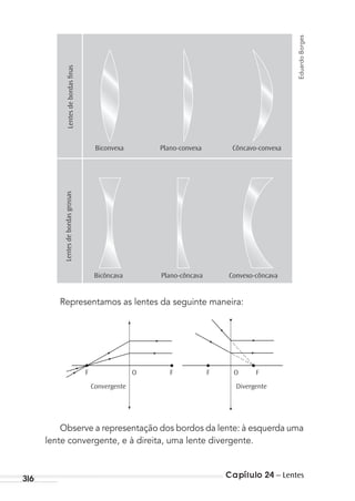 Capítulo 24 – Lentes316
Côncavo-convexa
LentesdebordasgrossasLentesdebordasﬁnas
Biconvexa Plano-convexa
Bicôncava Plano-côncava Convexo-côncava
Representamos as lentes da seguinte maneira:
FF FF OO
Convergente Divergente
Observe a representação dos bordos da lente: à esquerda uma
lente convergente, e à direita, uma lente divergente.
EduardoBorges
MC de Fisica_prova4.indd 316 29/03/2012 16:38:05
 