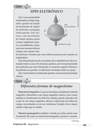 Capítulo 28 – Magnetismo 381
SPIN ELETRÔNICO
Spin é uma propriedade
relacionada ao campo mag-
nético gerado em função
do movimento de rotação
de partículas carregadas
eletricamente. Dois elé-
trons, com movimentos
de rotação opostos, geram
campos magnéticos opos-
tos, possibilitando, assim,
que esses mesmos elétrons
estejam num mesmo orbi-
tal eletrônico. Dizemos que esses elétrons possuem spins opostos ou
antiparalelos.
Essa interpretação de spin,no entanto,não é satisfatória por não con-
templar todos os casos.Em mecânica quântica,spin é uma propriedade
das partículas que está relacionada ao momento angular intrínseco
da partícula em questão e às diferentes orientações deste no espaço.
Spin é um fenômeno estritamente quântico,não possui interpretação
clássica.
µ
Spin
Giro do elétron
Sentido da carga
e-
Diferentes formas de magnetismo
Material ferromagnético é o que se denomina normalmente material
magnético. Submetidos a um campo magnético externo, esses corpos
também se transformam em ímãs. Em verdade, quando colocados sob
a ação de um campo magnético, alteram a disposição das linhas de
campo, concentrando-as em sua vizinhança. Exemplo: ferro, níquel,
cobalto e ligas que os contêm.
Material paramagnético também é atraído por ímãs, porém mais
fracamente. Tal como no material ferromagnético, promove o mesmo
EduardoBorges
Continua...
Saiba
Saiba
MC de Fisica_prova4.indd 381 29/03/2012 16:38:46
 