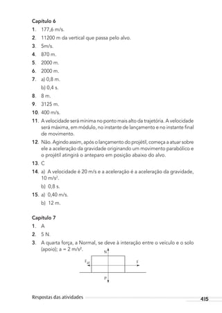 415Respostas das atividades
Capítulo 6
1. 177,6 m/s.
2. 11200 m da vertical que passa pelo alvo.
3. 5m/s.
4. 870 m.  
5. 2000 m.
6. 2000 m.
7. a) 0,8 m.
b) 0,4 s.
8. 8 m. 
9. 3125 m.
10. 400 m/s.  
11. A velocidade será mínima no ponto mais alto da trajetória. A velocidade
será máxima, em módulo, no instante de lançamento e no instante ﬁnal
de movimento.
12. Não. Agindo assim, após o lançamento do projétil, começa a atuar sobre
ele a aceleração da gravidade originando um movimento parabólico e
o projétil atingirá o anteparo em posição abaixo do alvo.
13. C
14. a) A velocidade é 20 m/s e a aceleração é a aceleração da gravidade,
10 m/s2
.
b) 0,8 s.
15. a) 0,40 m/s.
b) 12 m.
Capítulo 7
1. A
2. 5 N.
3. A quarta força, a Normal, se deve à interação entre o veículo e o solo
(apoio); a = 2 m/s². N
P
FFat
MC de Fisica_prova4.indd 415 29/03/2012 16:39:11
 