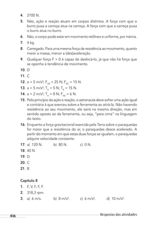 416 Respostas das atividades
4. 2100 N.
5. Não, ação e reação atuam em corpos distintos. A força com que o
burro puxa a carroça atua na carroça. A força com que a carroça puxa
o burro atua no burro.
6. Não, o corpo pode estar em movimento retilíneo e uniforme, por inércia.
7. 4 kg.
8. Carregado. Para uma mesma força de resistência ao movimento, quanto
maior a massa, menor a (des)aceleração.
9. Qualquer força F > 0 é capaz de deslocá-lo, já que não há força que
se oponha à tendência de movimento.
10. D
11. C
12. a = 5 m/s²; FAB
= 25 N; FBC
= 15 N.
13. a = 5 m/s²; TA
= 5 N; TB
= 15 N.
14. a = 2 m/s²; TA
= 8 N; FAB
= 6 N.
15. Pelo princípio da ação e reação, o astronauta deve sofrer uma ação igual
e contrária à que exerceu sobre a ferramenta ao atirá-la. Não havendo
resistência ao seu movimento, ele sairá na mesma direção, mas em
sentido oposto ao da ferramenta, ou seja, “para cima” na linguagem
do texto.
16. Enquanto a força gravitacional exercida pela Terra sobre o paraquedas
for maior que a resistência do ar, o paraquedas desce acelerado. A
partir do momento em que estas duas forças se igualam, o paraquedas
adquire velocidade constante.
17. a) 120 N. b) 80 N. c) 0 N.
18. 40 N.
19. D
20. C
21. B
Capítulo 8
1. F, V, F, F, F.
2. 318,3 rpm.
3. a) 6 m/s. b) 8 m/s². c) 6 m/s². d) 10 m/s².
MC de Fisica_prova4.indd 416 29/03/2012 16:39:12
 