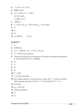 417Respostas das atividades
4. T = 0,5 s, e f = 2 Hz.
5. 8000 km/h.
6. a) f = 30 Hz, e T = 1/30 s.
b) 60 rad/s.
c) 600 cm/s.
7. 1000 Hz.
8. v = 5,6 m/s; A
= 20 rad/s; B
= 14 rad/s.
9. B
10. C
11. B
12. a) 0,50 Hz. b) 2 s.
Capítulo 9
1. E
2. 6400 dias.
3. a) F = 6250 N. b) v = 7,07 x 10³ m/s.
4. T = 164,3 anos terrestres.
5. Porque esta força é muito pequena, visto que as massas são pequenas
e G é da ordem de 10-11
unidades.
6. B
7. C
8. B
9. D
10. F’ = 60 F.
11. 11,8 anos terrestres.
12. Sim, basta calcular o raio da órbita a partir de T = 8 anos terrestres.
Não esqueça que para a Terra, T = 1 ano terrestre e R = 1 ua.
13. 675 dias.
14. gA
= 0,4 m/s².
15. 100 kg e 2650 N.
16. A
17. B
MC de Fisica_prova4.indd 417 29/03/2012 16:39:12
 