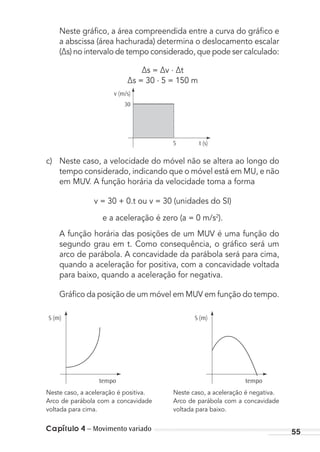 Capítulo 4 – Movimento variado 55
Neste gráﬁco, a área compreendida entre a curva do gráﬁco e
a abscissa (área hachurada) determina o deslocamento escalar
(∆s) no intervalo de tempo considerado, que pode ser calculado:
∆s = ∆v . ∆t
∆s = 30 . 5 = 150 m
v (m/s)
30
5 t (s)
c) Neste caso, a velocidade do móvel não se altera ao longo do
tempo considerado, indicando que o móvel está em MU, e não
em MUV. A função horária da velocidade toma a forma
v = 30 + 0.t ou v = 30 (unidades do SI)
e a aceleração é zero (a = 0 m/s2
).
A função horária das posições de um MUV é uma função do
segundo grau em t. Como consequência, o gráﬁco será um
arco de parábola. A concavidade da parábola será para cima,
quando a aceleração for positiva, com a concavidade voltada
para baixo, quando a aceleração for negativa.
Gráﬁco da posição de um móvel em MUV em função do tempo.
Neste caso, a aceleração é negativa.
Arco de parábola com a concavidade
voltada para baixo.
Neste caso, a aceleração é positiva.
Arco de parábola com a concavidade
voltada para cima.
S (m)
tempo
S (m)
tempo
MC de Fisica_prova4.indd 55 29/03/2012 16:35:54
 