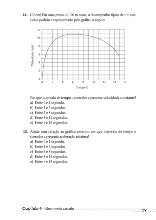 Capítulo 4 – Movimento variado 59
11. (Enem) Em uma prova de 100 m rasos, o desempenho típico de um cor-
redor padrão é representado pelo gráfico a seguir:
Velocidade(m/s)
Tempo (s)
12
10
8
6
4
2
0
0 2 4 6 8 10 12 14 16
Em que intervalo de tempo o corredor apresenta velocidade constante?
a) Entre 0 e 1 segundo.
b) Entre 1 e 5 segundos.
c) Entre 5 e 8 segundos.
d) Entre 8 e 11 segundos.
e) Entre 9 e 15 segundos.
12. Ainda com relação ao gráfico anterior, em que intervalo de tempo o
corredor apresenta aceleração máxima?
a) Entre 0 e 1 segundo.
b) Entre 1 e 5 segundos.
c) Entre 5 e 8 segundos.
d) Entre 8 e 11 segundos.
e) Entre 9 e 15 segundos.
MC de Fisica_prova4.indd 59 29/03/2012 16:35:55
 