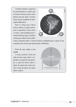 Capítulo 7 – Dinâmica 93
É muito comum o equívoco
de pensamento ao achar que
as forças normal e peso cons-
tituem um par ação e reação.
Essas forças resultam de inte-
rações diferentes.
Peso é a força que a Terra
exerce sobre os corpos próxi-
mos à superfície, atua sobre
o corpo e está dirigida para o
centro daTerra,logo,a reação é
a força que o bloco exerce sobre
a Terra, atuando sobre o centro da Terra e dirigida para o corpo. É um
exemplo claro de um par ação/reação à distância.
Peso de um corpo e sua
reação
A força normal é fruto da
ação de um corpo sobre a su-
perfície no qual ele está apoia-
do. A ação do bloco sobre o
plano de apoio tem como rea-
ção a força do plano de apoio
sobre o bloco.
Par de forças normais
N
-N
→
→ NASAEduardoBorges
MC de Fisica_prova4.indd 93 29/03/2012 16:36:10
 