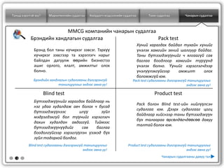 Таньд хэрэгтэй юу?     Маркетингийн судалгаа   Хоёрдогч мэдээллийн судалгаа        Тоон судалгаа        Чанарын судалгаа



                        MMCG компанийн чанарын судалгаа
           Брэндийн хандлагын судалгаа                  Pack test
                                                                              Хүний харагдах байдал тухайн хүнийг
             Брэнд бол таны хүчирхэг зэвсэг. Тэрхүү                           үнэлэх хамгийн эхний шалгуур байдаг.
             хүчирхэг зэвсгээр та хэрэглэгч нарыг                             Таны бүтээгдэхүүнийг ч ялгаагүй сав
             байлдан дагуулж өөрийн бизнестээ                                 баглаа боодлоор хамгийн түрүүнд
             ашиг орлого, ялалт, амжилтыг олох                                үнэлэх болно. Үүнийг хэрэглэгчдээр
             болно.                                                           үнэлүүлэхгүйгээр    амжилт      олох
                                                                              боломжгүй юм.
             Брэндийн хандлагын судалгааны дэлгэрэнгүй                  Pack test судалгааны дэлгэрэнгүй танилцуулгыг
                           танилцуулгыг эндээс авна уу!                                                 эндээс авна уу!

                     Blind test                                                       Product test
             Бүтээгдэхүүнийг харагдах байдлаар нь
                                                                              Pack болон Blind test-ийн нийлүүлсэн
             нэг удаа худалдаж авч болох ч бусад
                                                                              судалгаа юм. Дээрх судалгааг цогц
             бүтээгдэхүүнээс       илүү      зүйл
                                                                              байдлаар хийснээр таны бүтээгдэхүүн
             мэдрэгдэхгүй бол түүнийг хэрэглэгч
                                                                              бүх талаараа өрсөлдөгчдөөсөө давуу
             дахин худалдан авдаггүй. Тиймээс
                                                                              талтай болох юм.
             бүтээгдэхүүнүүдийг     сав    баглаа
             боодолгүйгээр хэрэглүүлэн үзэхэд бүх
             зүйл тодорхой болдог.
          Blind test судалгааны дэлгэрэнгүй танилцуулгыг              Product test судалгааны дэлгэрэнгүй танилцуулгыг
                                           эндээс авна уу!                                               эндээс авна уу!

   2
                                                                                          Чанарын судалгааны давуу тал
 