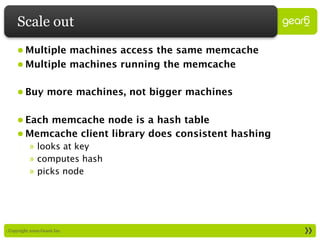 Scale out
     • Multiple machines access the same memcache
     • Multiple machines running the memcache

     • Buy more machines, not bigger machines

     • Each memcache node is a hash table
     • Memcache client library does consistent hashing
           » looks at key
           » computes hash
           » picks node




: Copyright 2009 Gear6 Inc.
 