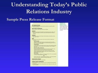 Understanding Today’s Public
Relations Industry
Sample Press Release Format
 