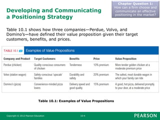 Developing and Communicating
a Positioning Strategy
Chapter Question 1:
How can a firm choose and
communicate an effective
positioning in the market?
Copyright © 2012 Pearson Education 10-4
Table 10.1: Examples of Value Propositions
Table 10.1 shows how three companies—Perdue, Volvo, and
Domino’s—have defined their value proposition given their target
customers, benefits, and prices.
 