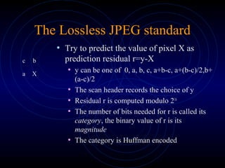 The Lossless JPEG standard
• Try to predict the value of pixel X as
prediction residual r=y-X
• y can be one of 0, a, b, c, a+b-c, a+(b-c)/2,b+
(a-c)/2
• The scan header records the choice of y
• Residual r is computed modulo 216
• The number of bits needed for r is called its
category, the binary value of r is its
magnitude
• The category is Huffman encoded
c b
a X
 