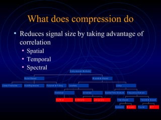 What does compression do
• Reduces signal size by taking advantage of
correlation
• Spatial
• Temporal
• Spectral
L in e a r P r e d ic t iv e A u t o R e g r e s s iv e P o ly n o m ia l F it t in g
M o d e l- B a s e d
H u ffm a n
S t a t is t ic a l
A r it h m e t ic L e m p e l- Z iv
U n iv e r s a l
L o s s le s s
S p a t ia l/ T im e - D o m a in
S u b b a n d W a v e le t
F ilt e r - B a s e d
F o u r ie r D C T
T r a n s fo r m - B a s e d
F r e q u e n c y - D o m a in
L o s s y
W a v e fo r m - B a s e d
C o m p r e s s io n M e t h o d s
 