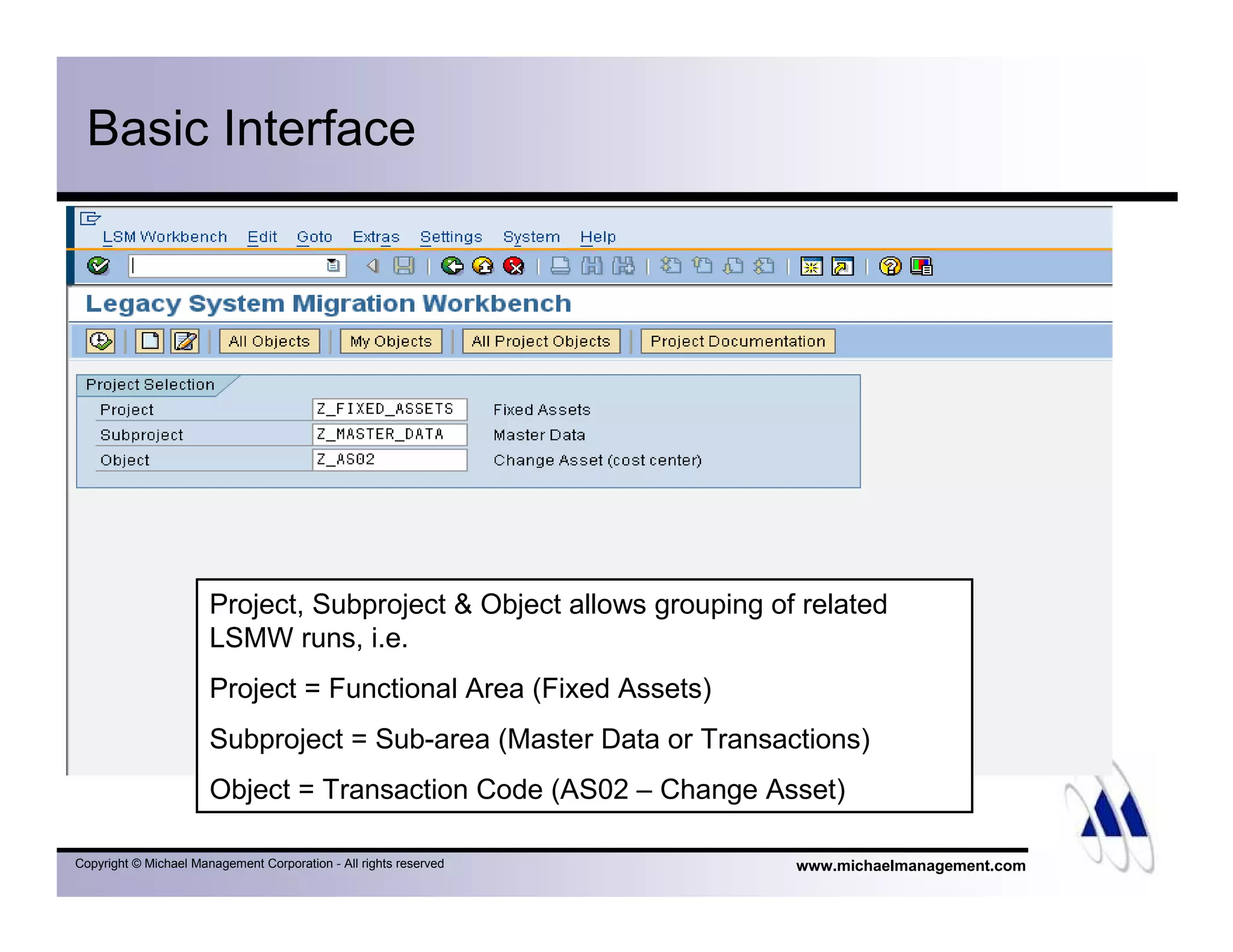 www.michaelmanagement.comCopyright © Michael Management Corporation - All rights reserved
Basic Interface
Project, Subproject & Object allows grouping of related
LSMW runs, i.e.
Project = Functional Area (Fixed Assets)
Subproject = Sub-area (Master Data or Transactions)
Object = Transaction Code (AS02 – Change Asset)
 