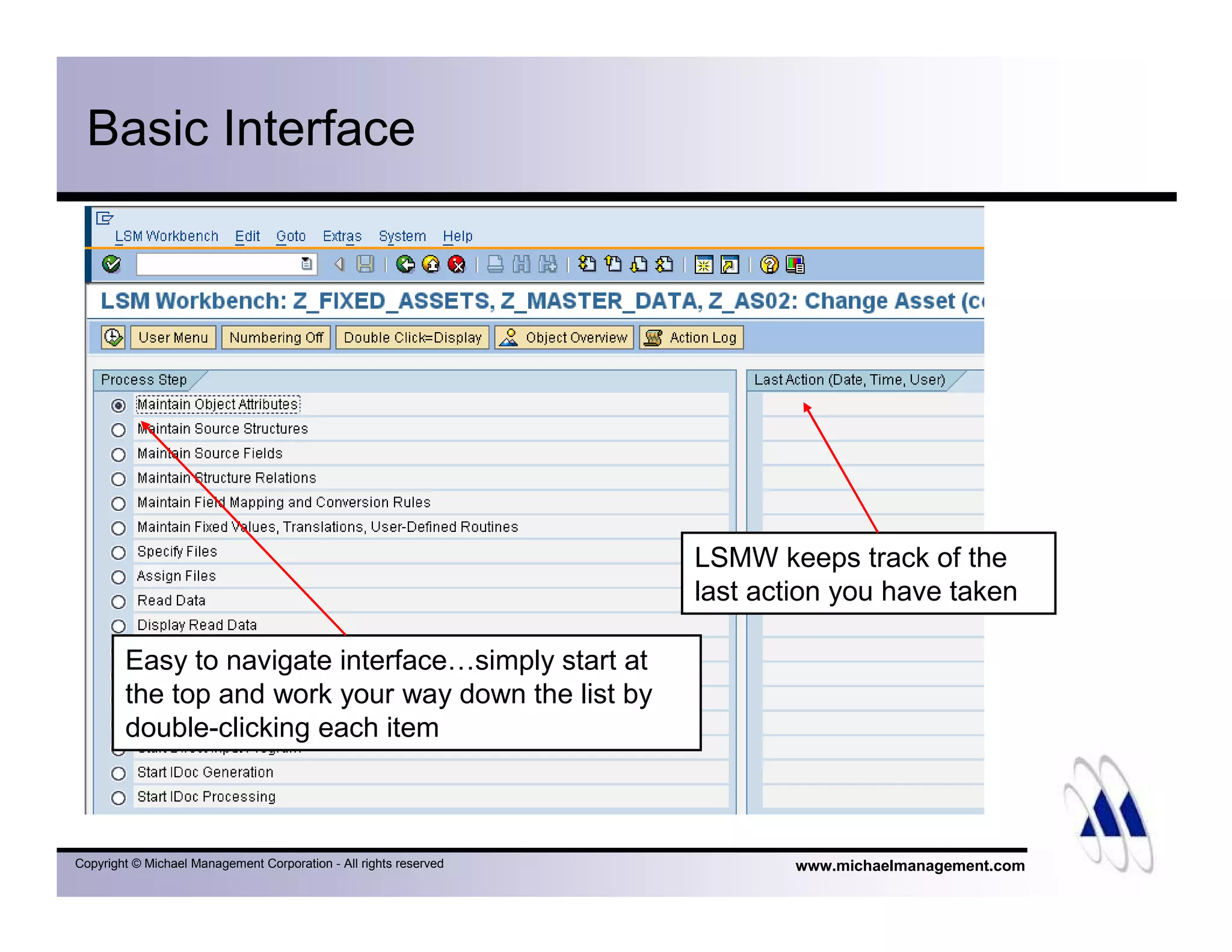 www.michaelmanagement.comCopyright © Michael Management Corporation - All rights reserved
Basic Interface
Easy to navigate interface…simply start at
the top and work your way down the list by
double-clicking each item
LSMW keeps track of the
last action you have taken
 