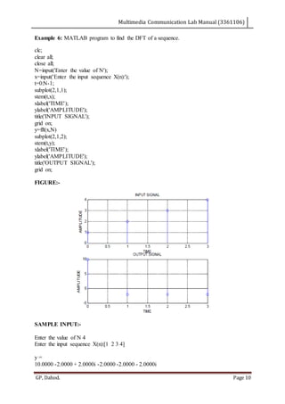 Multimedia Communication Lab Manual (3361106)
GP, Dahod. Page 10
Example 6: MATLAB program to find the DFT of a sequence.
clc;
clear all;
close all;
N=input('Enter the value of N');
x=input('Enter the input sequence X(n):');
t=0:N-1;
subplot(2,1,1);
stem(t,x);
xlabel('TIME');
ylabel('AMPLITUDE');
title('INPUT SIGNAL');
grid on;
y=fft(x,N)
subplot(2,1,2);
stem(t,y);
xlabel('TIME');
ylabel('AMPLITUDE');
title('OUTPUT SIGNAL');
grid on;
FIGURE:-
SAMPLE INPUT:-
Enter the value of N 4
Enter the input sequence X(n):[1 2 3 4]
y =
10.0000 -2.0000 + 2.0000i -2.0000 -2.0000 - 2.0000i
 