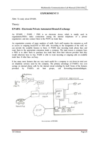 Multimedia Communication Lab Manual (3361106)
GP, Dahod. Page 24
EXPERIMENT 5
Aim: To study about EPABX.
Theory:
EPABX - Electronic Private Automated Branch Exchange
An EPABX / PABX / PBX is an electronic device which is mainly used in
organizations.PBX's make connections among the internal telephones of a private
organization and also connect them to the PSTN via trunk lines.
An organization consists of many numbers of staffs. Each staff requires the extension as well
as access to outgoing local,STD or ISD calls. According to the designation of the staff, we
can provide the available features to them. A PABX take incoming trunk phone lines and
route them to the appropriate extensions inside a company. The main reason a company buys
a PBX is to allow them to purchase less trunk lines from their telecom provider than they
would otherwise have to buy. PABX is able to route incoming or outgoing calls on available
trunk lines if other lines are busy.
It has many more features that are very much useful for a company to cut down its total cost
on telephone services used by the company. The primary advantage of PABX's was cost
savings on internal phone calls by the internal circuit switching by itself. Some of the features
provided by PABX's are hunt groups, call forwarding,extensiondialingetc.
An overview of EPABX
 