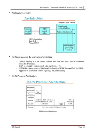 Multimedia Communication Lab Manual (3361106)
GP, Dahod. Page 43
 Architecture of ISDN
 ISDN protocols at the user-network interface
– Control signaling is a D channel function but user data may also be transferred
across the D channel.
– ISDN is essentially unconcerned with user layers 4-7.
– LAPD (link access protocol, D channel) is based on HDLC but modified for ISDN.
– Applications supported: control signaling, PS, and telemetry
 ISDN ProtocolArchitecture:
ISDN protocol architecture
 