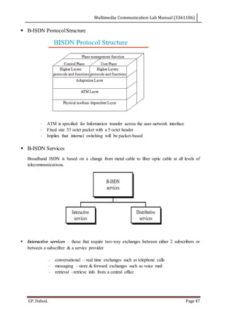 Multimedia Communication Lab Manual (3361106)
GP, Dahod. Page 47
 B-ISDN ProtocolStructure
– ATM is specified for Information transfer across the user-network interface
– Fixed size 53 octet packet with a 5 octet header
– Implies that internal switching will be packet-based
 B-ISDN Services
Broadband ISDN is based on a change from metal cable to fiber optic cable at all levels of
telecommunications.
 Interactive services – those that require two-way exchanges between either 2 subscribers or
between a subscriber & a service provider
– conversational – real time exchanges such as telephone calls
– messaging – store & forward exchanges such as voice mail
– retrieval –retrieve info from a central office
 
