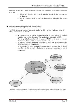 Multimedia Communication Lab Manual (3361106)
GP, Dahod. Page 48
 Distributive services – unidirectional services sent from a provider to subscribers, broadcast
to the user
– without user control – user choice is limited to whether or not to receive the
service at all
– with user control – allow the user a choice of times during which to receive
them
 Additional reference points for interworking
An ISDN-compatible customer equipment attaches to ISDN via S or T reference point, for
others, there are these additional:
– K: Interface with an existing telephone network or other non-ISDN network
requiring interworking functions. The functions are performed by ISDN.
– M: A specialized network, such as teletex or MHS. In this case, an adaption
function may be needed, to be performed in that network.
– N: Interface between two ISDNs. Some sort of protocol is needed to determine
the degree of service compatibility.
– P: There may be some specialized resource that is provided by the ISDN
provider but that is clearly identifiable as a separate component or set of
components.
Reference points associated with the interconnection of customer equipment and other networks to an ISDN
 