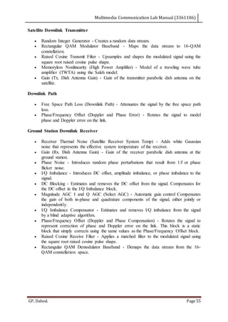 Multimedia Communication Lab Manual (3361106)
GP, Dahod. Page 55
Satellite Downlink Transmitter
 Random Integer Generator - Creates a random data stream.
 Rectangular QAM Modulator Baseband - Maps the data stream to 16-QAM
constellation.
 Raised Cosine Transmit Filter - Upsamples and shapes the modulated signal using the
square root raised cosine pulse shape.
 Memoryless Nonlinearity (High Power Amplifier) - Model of a traveling wave tube
amplifier (TWTA) using the Saleh model.
 Gain (Tx. Dish Antenna Gain) - Gain of the transmitter parabolic dish antenna on the
satellite.
Downlink Path
 Free Space Path Loss (Downlink Path) - Attenuates the signal by the free space path
loss.
 Phase/Frequency Offset (Doppler and Phase Error) - Rotates the signal to model
phase and Doppler error on the link.
Ground Station Downlink Receiver
 Receiver Thermal Noise (Satellite Receiver System Temp) - Adds white Gaussian
noise that represents the effective system temperature of the receiver.
 Gain (Rx. Dish Antenna Gain) - Gain of the receiver parabolic dish antenna at the
ground station.
 Phase Noise - Introduces random phase perturbations that result from 1/f or phase
flicker noise.
 I/Q Imbalance - Introduces DC offset, amplitude imbalance, or phase imbalance to the
signal.
 DC Blocking - Estimates and removes the DC offset from the signal. Compensates for
the DC offset in the I/Q Imbalance block.
 Magnitude AGC I and Q AGC (Select AGC) - Automatic gain control Compensates
the gain of both in-phase and quadrature components of the signal, either jointly or
independently.
 I/Q Imbalance Compensator - Estimates and removes I/Q imbalance from the signal
by a blind adaptive algorithm.
 Phase/Frequency Offset (Doppler and Phase Compensation) - Rotates the signal to
represent correction of phase and Doppler error on the link. This block is a static
block that simply corrects using the same values as the Phase/Frequency Offset block.
 Raised Cosine Receive Filter - Applies a matched filter to the modulated signal using
the square root raised cosine pulse shape.
 Rectangular QAM Demodulator Baseband - Demaps the data stream from the 16-
QAM constellation space.
 