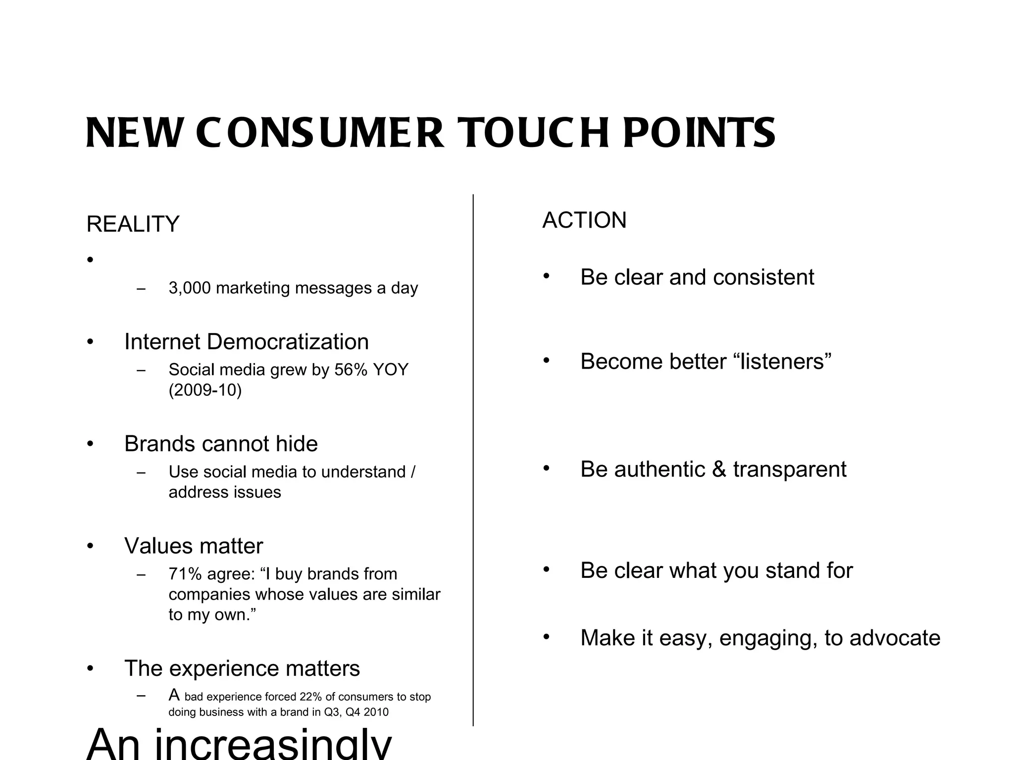 NEW CONSUMER TOUCH POINTS REALITY  3,000 marketing messages a day Internet Democratization Social media grew by 56% YOY (2009-10)  Brands cannot hide Use social media to understand / address issues  Values matter 71% agree: “I buy brands from companies whose values are similar to my own.” The experience matters A  bad experience forced 22% of consumers to stop doing business with a brand in Q3, Q4 2010 An increasingly cluttered, fragmented world ACTION Be clear and consistent  Become better “listeners” Be authentic & transparent Be clear what you stand for Make it easy, engaging, to advocate 
