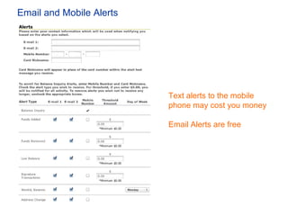Email and Mobile Alerts




                          Text alerts to the mobile
                          phone may cost y...