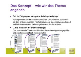 Das Konzept – wie wir das Thema
angehen
 Teil 1 - Zielgruppenanalyse – Arbeitgeberimage
 Konzeptioniert wird nach ausführlichen Gesprächen, vor allem
 mit den entsprechenden Fachabteilungen, eine motivierende und
 fachlich interessante, bei uns gehostete Karriere-Seite
 … bis hinein in die Stellenanzeige:
 Das spannende Thema wird in den Stellenanzeigen aufgegriffen
 und positionsspezifisch weitergeführt




                                                      5
 