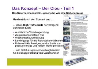 Das Konzept – Der Clou - Teil 1
Das Unternehmensprofil – geschaltet wie eine Stellenanzeige

Gewinnt durch den Content und ….

… ist als High Traffic-Seite hervorragend
auffindbar durch:
  Ausführliche Verschlagwortung
  Zielgruppengerechten Titel
  Wöchentliche Auffrischung
  Landingpage für alle Reichweitenmaßnahmen
  Unterverlinkte Anzeigen, wodurch alle vom
  positiven Image und hohem Traffic profitieren
… und bietet ausgezeichnete Möglichkeiten
für die Imagewerbung von Unternehmen


                                                      6
 