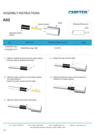1
ASSEMBLY INSTRUCTIONS
A02
#45 ZhongShan East Road, ZhenJiang 212003, JiangSu, China
Tel : +86-511-8443 6131 Fax : +86-511-8502 5485 Website: www.cmpter.comEmail : sales@cmpter.com
CMPTER
10
Body
Center Contact
Heatshrink sleeve
(option)
1. Slide the heatshrink sleeve onto the cable (option).
Strip the cable as Striping Dimensions.
2
1
2. Slide the center contact on until it bottom against
the cable dielectric.
Solder the center contact onto the cable.
1
2
3. Slide the cable into the body until it stops.
4. Solder the body onto the cable.
1
5. Slide the heatshrink sleeve over the body and
heatshrink it in place (option).
1
a
Stripping Dimensions
P/N Stripping Length (mm [in])Cable Type Notes
31-03-2M11-004
RG405/Semi-rigid .086
31-02-2M11-013
1.8 [.071]
 