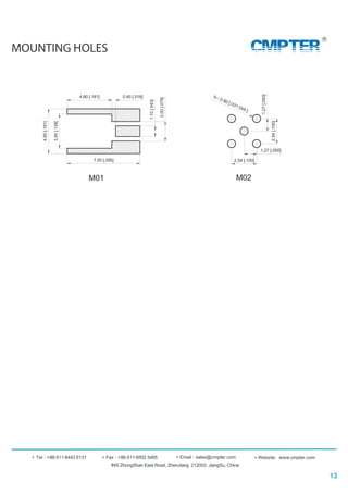 MOUNTING HOLES
#45 ZhongShan East Road, ZhenJiang 212003, JiangSu, China
Tel : +86-511-8443 6131 Fax : +86-511-8502 5485 Website: www.cmpter.comEmail : sales@cmpter.com
CMPTER
13
M01 M02
1.27 [.050]
2.54 [.100]
1.27[.050]
2.54[.100]
5- 0.80 [.031 DIA.]
7.50 [.295]
3.50[.138]
4.60[.181]
1.10[.043]
2.00[.079]
4.60 [.181] 0.40 [.016]
 