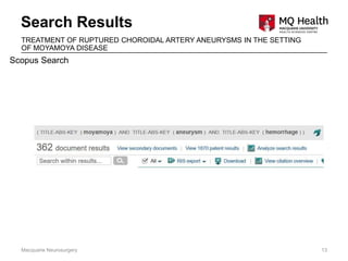 Search Results
Macquarie Neurosurgery 13
TREATMENT OF RUPTURED CHOROIDAL ARTERY ANEURYSMS IN THE SETTING
OF MOYAMOYA DISEASE
Scopus Search
 