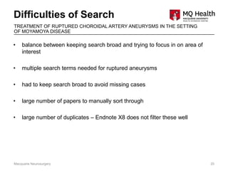 • balance between keeping search broad and trying to focus in on area of
interest
• multiple search terms needed for ruptured aneurysms
• had to keep search broad to avoid missing cases
• large number of papers to manually sort through
• large number of duplicates – Endnote X8 does not filter these well
Difficulties of Search
Macquarie Neurosurgery 20
TREATMENT OF RUPTURED CHOROIDAL ARTERY ANEURYSMS IN THE SETTING
OF MOYAMOYA DISEASE
 