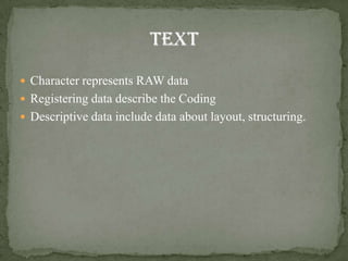  Character represents RAW data
 Registering data describe the Coding
 Descriptive data include data about layout, structuring.
 